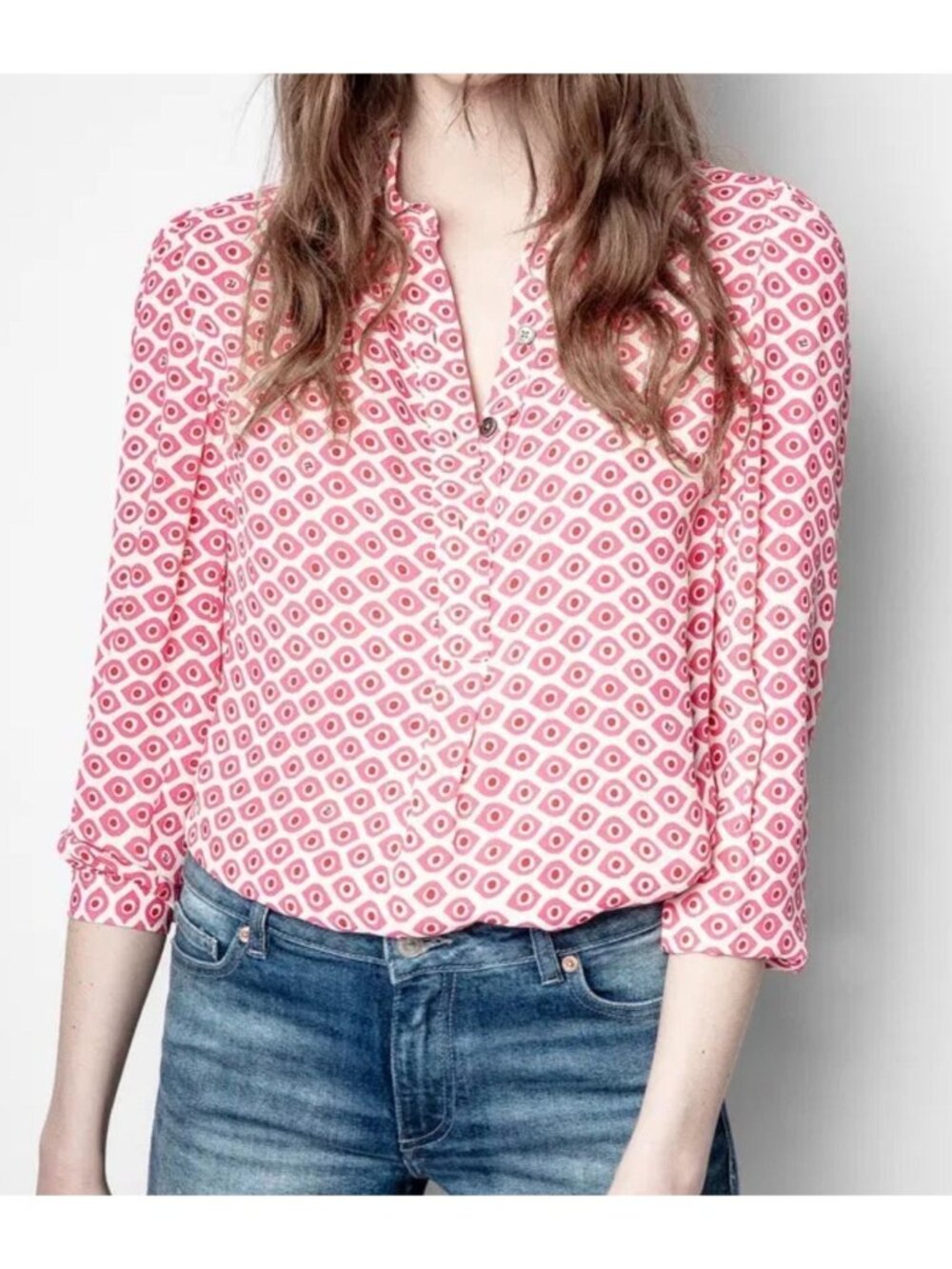 Zadig & Voltaire Tade Eyes Tunic Pink Geometric Popover Top Long Sleeve Sz Small